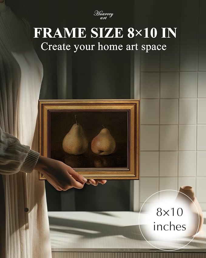 HUARCEY Gold Framed Vintage Wall Art for Living Room, Pear Fruits Painting Prints Shelf Decor for Kitchen, Aesthetic Bedroom Wall Art Decor, Christmas Gift for Friends or Family (Two Pears - 8"x10")