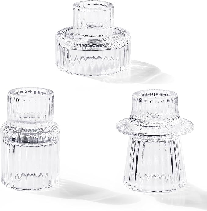 Candlestick Holders Set of 3, Ribbed Glass Taper Candle Holders, Reversible Clear Tealight & Candle Stick Candle Holder Vintage Crystal Tealight Candle Holder for Wedding Dinner Party