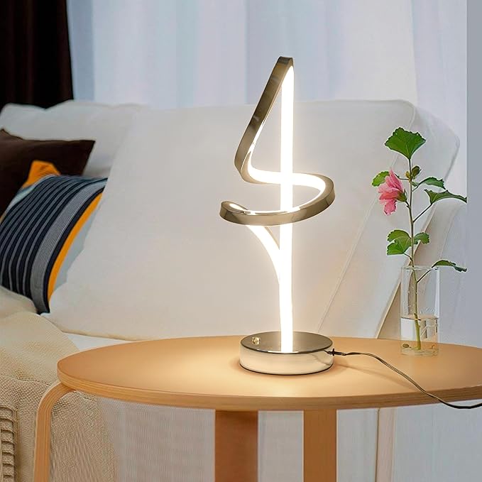 Mayful Modern RGB Table Lamp with LED Spiral Design, Silver Bedside Lamp & Nightstand Lamp, Touch Dimmable with 7 Colors & 10 Modes for Bedroom, Living Room, Home Office, 15W