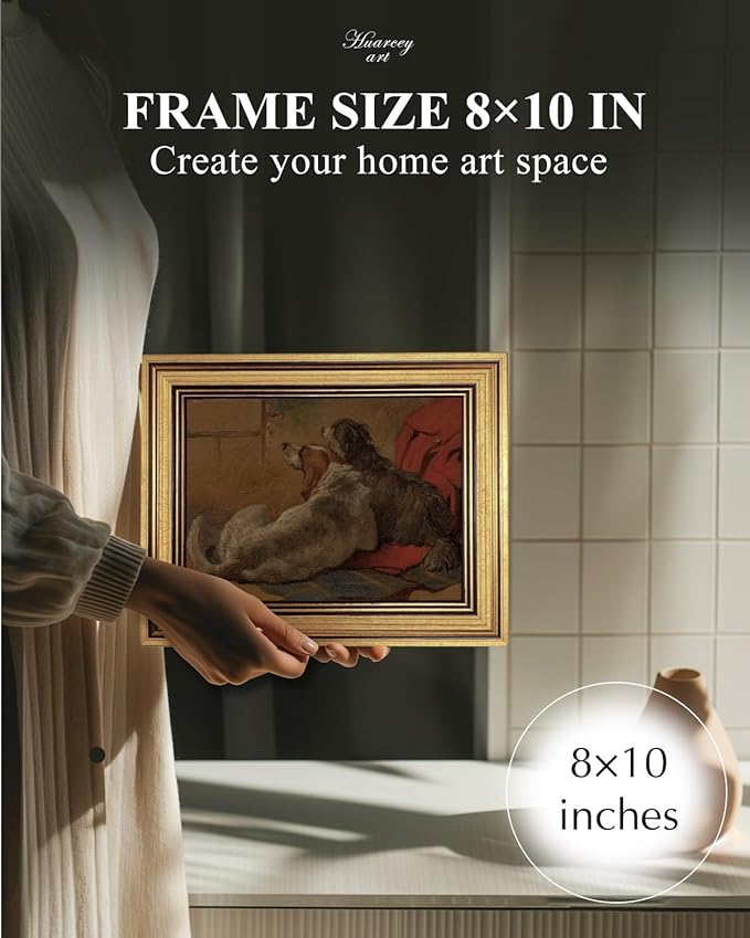 HUARCEY Gold Framed Vintage Wall Art for Living Room Dogs Oil Painting Wall Decor– Cozy Pet-Themed Aesthetic Room Decor for Bedroom Prints Study Classic Animal Artwork Gift for Dog Lovers 8"x10"