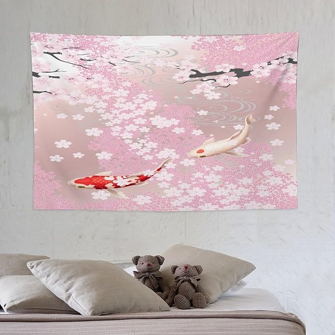 Houselerax Japanese Koi Fish Tapestry, Cherry Blossoms Asian Oriental Pink Flower Branch Koi Fish Carp Tapestries Wall Hanging for Bedroom Living Room Office Decor 60"x40"