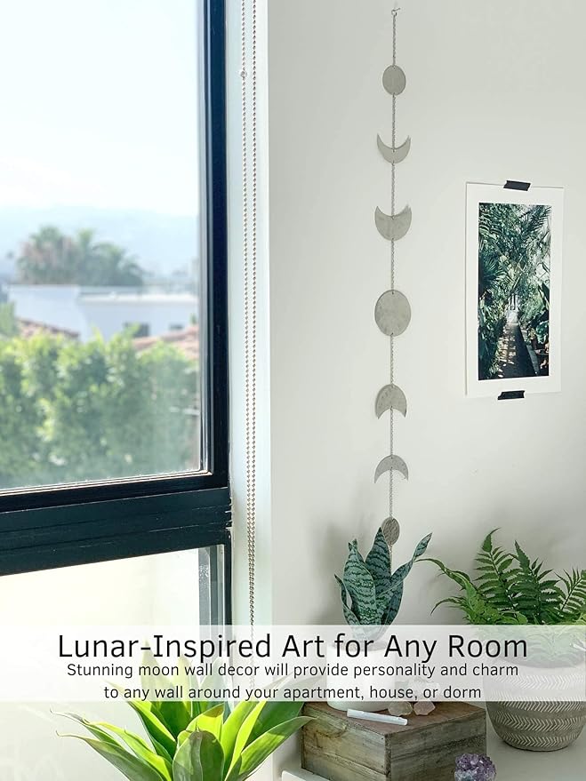 BASE ROOTS Moon Phase, Silver Wall Decor for Bedroom & Living Room, Bohemian Wall Decor, Handmade Hammered Metal 34" 7 Phases Moon, Celestial Wall Art, Gift for Women & Kids