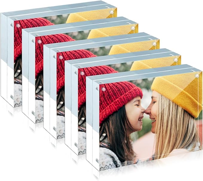 ILYXY 5 Pack Acrylic Frame 5x7, 20% Thicker, 24mm Thick Frameless Clear Picture Frame, Double Sided Magnetic Photo Frame, Free Standing Desktop Display Stand Acrylic Picture Frames