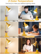 LED Desk Lamp with Pen Holder, Eye-Caring Desk Light 3 Color Modes Reading Light Flexible Gooseneck Metal Study Lamp, Cute Table Lamps for Home Office Bedside Dorm (Yellow lamp)