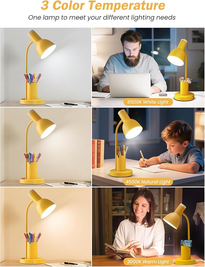 LED Desk Lamp with Pen Holder, Eye-Caring Desk Light 3 Color Modes Reading Light Flexible Gooseneck Metal Study Lamp, Cute Table Lamps for Home Office Bedside Dorm (Yellow lamp)