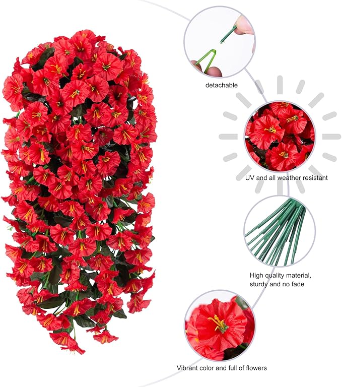 Artificial Fake Hanging Flowers Plants for Outdoor Outside Decoration, 2PCS Faux Silk UV Resistant Look Real Red Morning Glory Trailing Vines for Home Planter Wedding Party Garden Patio Porch