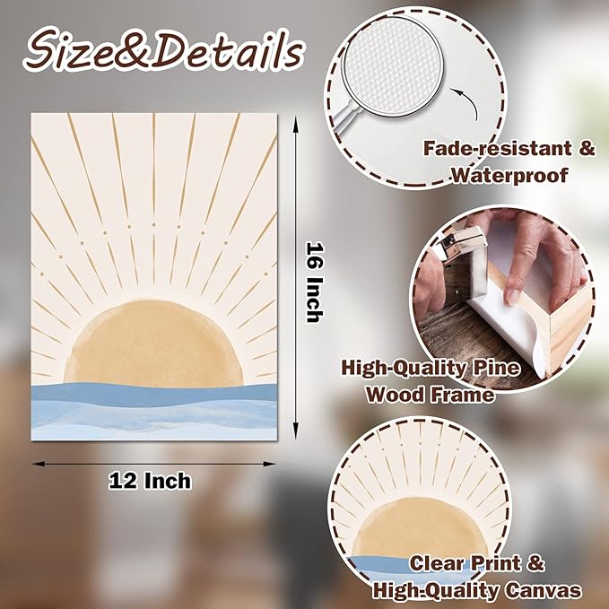 Boho Wall Art Set of 3, Neutral Geometric Sun Rising on the Sea Minimalist Art Framed Canvas Prints Artwork, Mid Century Modern Boho Sun Wall Art Decor for Bathroom, Bedroom, Living Room, Office