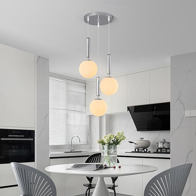 Modern Chrome Pendant Light Hanging Fixture Light for Kitchen Island Mid Century with Globe Pendant Light Milk White Glass Pendant Lighting for Living Room Bedroom Entryway (3 Lights)