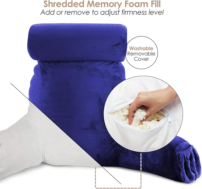 Nestl Reading Pillow Large Bed Pillow, Back Pillow for Sitting in Bed Shredded Memory Foam Chair Pillow, Reading & Bed Rest Pillows Royal Blue Back Pillow for Bed, Bed Chair Arm Pillow with Pockets
