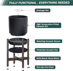 D'vine Dev Ceramic Planter with Walnut Color Stand - 10 Inch Modern Round Flower Pot with Wood Planter Holder, Black, 55-B-X-2