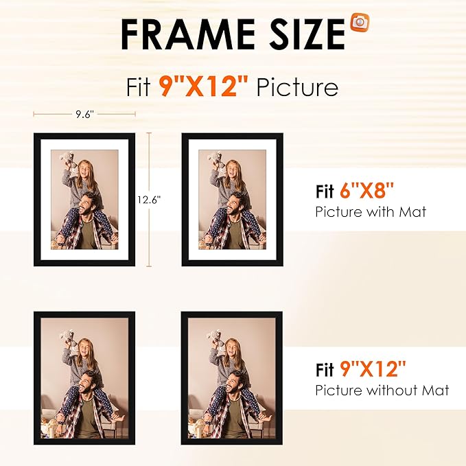 FIXSMITH 9x12 Picture Frame Set of 4, Photo Frame with HD Plexiglass, Display Pictures 6x8 with Mat or 9x12 Without Mat, Black Picture Frames Collage Wall Decor, Gallary Wall Frame