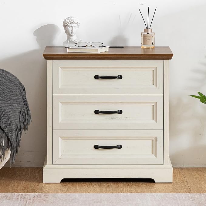 HOMMPA 24'' Farmhouse Nightstand with Charging Station, Bedside Tables with Storage, Side Table with USB Port, 3 Drawers End Table Dresser, Wood Night Stand for Bedroom, Living Room, Rustic White