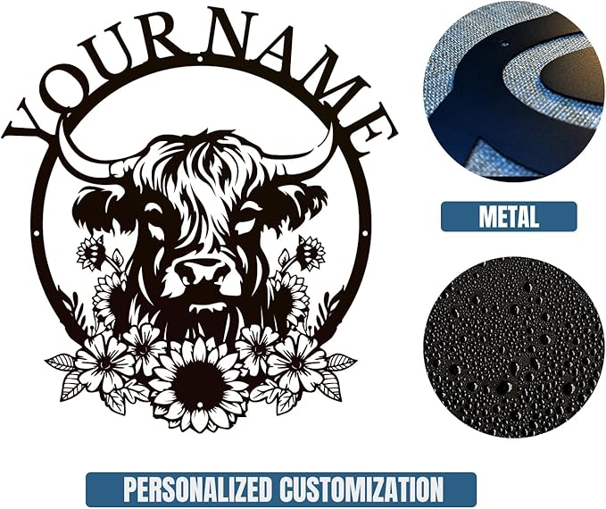 Personalized Highland Cow Name metal Signs,Custom Highland Cow Metal Shed Wall Decor,Black Metal Wall Art Plaques Outdoor wall Decorative Signage (Style H)