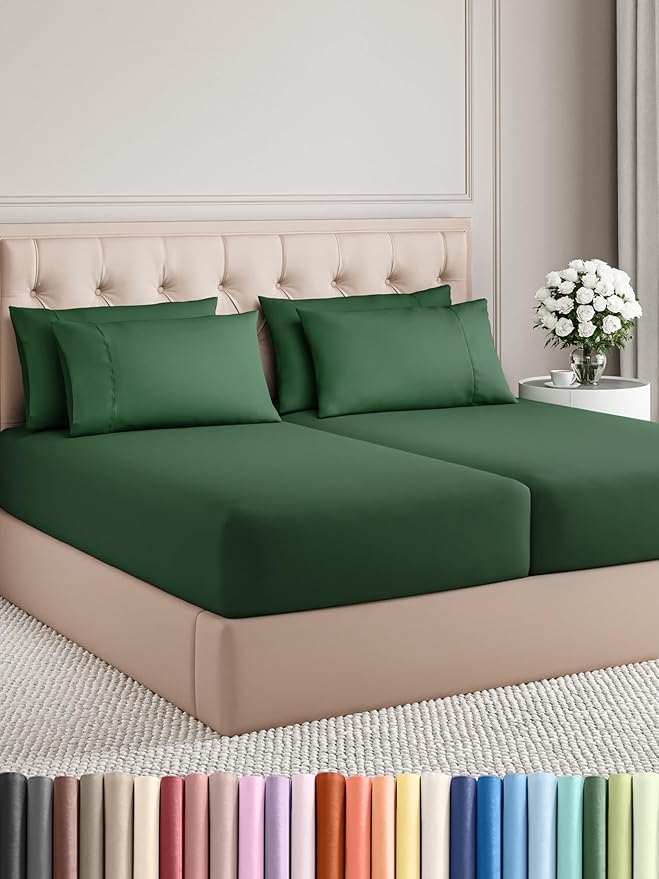 Split King Sheets Set 7 Piece - Includes 4 Pillowcases - Bed Sheets Split King - Soft Hotel Luxury Bedding - Cooling, Comfy & Breathable - 1 Flat & 2 Fitted & 4 Pillowcases w/ Deep Pockets - Emerald