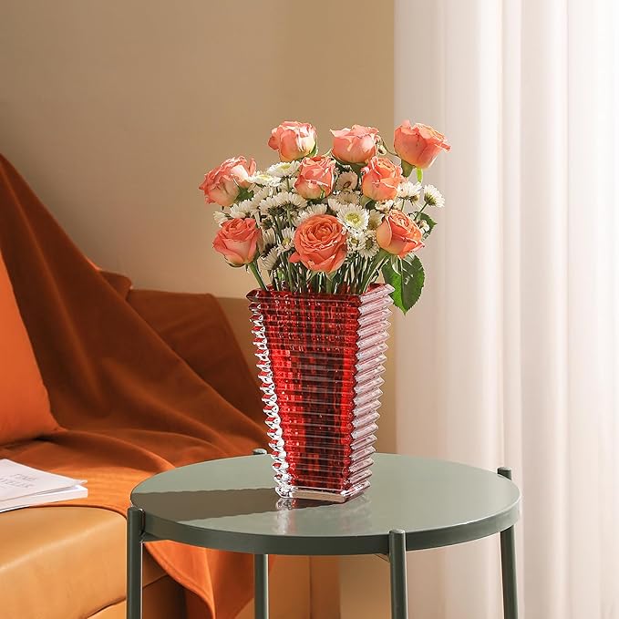 MCMCNCUIU Crystal Vase, Large Crystal Vases for Flowers, Red Large Flower Vase, Modern Glass Vases for Living Room, Bedroom, Kitchen, Dining Table, Mantle, Wedding, 9 Inches