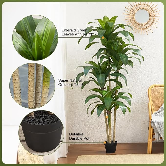 Artificial Dracaena Tree, 6FT Tall Fake Plants with UV Resistant Leaves, Faux Tropical Yucca Trees for Indoor Outdoor, Potted Large Floor Plant for Home Decor Living Room Porch, VN123