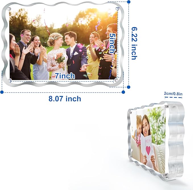 3 Pack 5x7 Acrylic Magnetic Picture Frame, 20 mm Thick Clear Double Sided Freestanding Photo Frame, Transparent Frameless Floating Frames with Magnets Corners, Scalloped