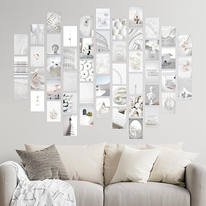 Y2K BOO Elegant White Wall Collage Kit - 50pcs Aesthetic Posters for Room Decor, Perfect Dorm and Bedroom Wall Art, Minimalist and Elegant White Collage Kit for Teen Girls