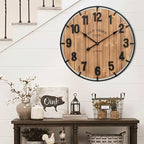 Large Old Town Farmhouse Wall Clock 24 Inch Rustic Antique Wood with Metal Circle and Large Numerals Silent Battery Operated Wall Clock for Office Kitchen Bedroom Living Room