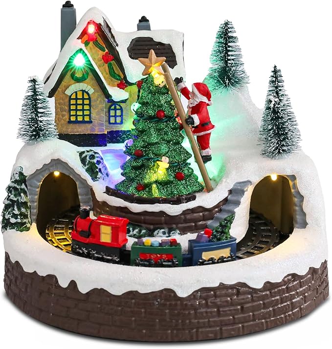 taman Christmas Village Houses Collectible Buildings - Moving Train Around The Christmas Tree,Warm Light Musical Ornaments for Holiday Decorations