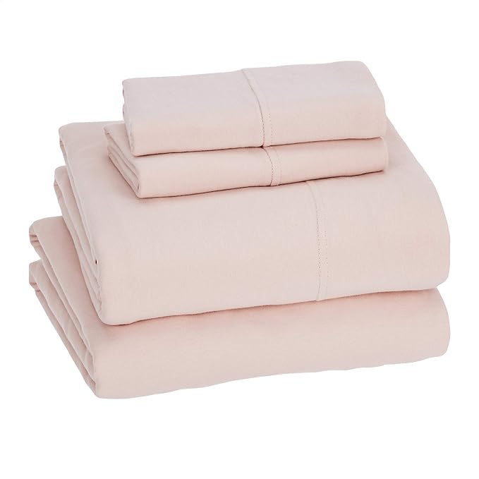 Amazon Basics 4 Piece Bed Sheet Set, 100% Cotton Jersey, Includes Super Soft, Flat and Fitted Sheets, Pillowcase, Full, Blush, Solid