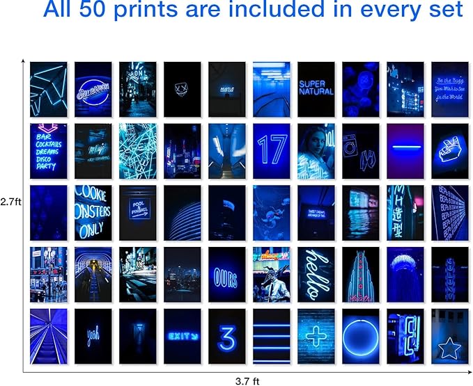 Y2K BOO Vibrant Blue Neon Wall Collage Kit - 50pcs Aesthetic Posters for Room Decor, Perfect Dorm and Bedroom Wall Art, Trendy Modern Neon Blue Collage Kit for Teen Girls