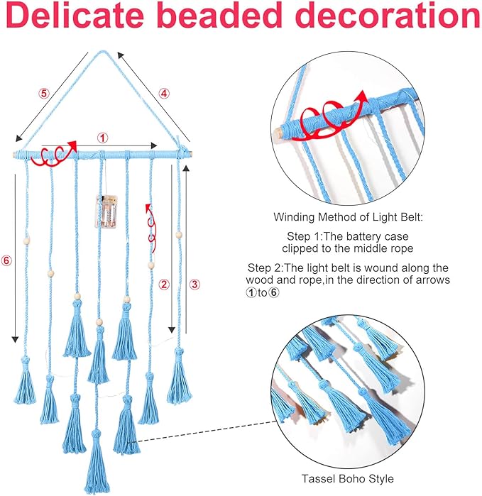 Homecor Hanging Photo Display Wall Decor, Blue Macrame Hanging Boho Room Bedroom Decor, Picture Frame Collage with Light & 30 Clips, Christmas Teenage Teen Girl Gifts Ages 10 11 12 13 14 Years Old