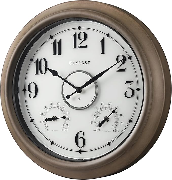CLXEAST Illuminated Outdoor Clocks Waterproof 18 Inch with Smart Sensor,Large Outdoor Pool Clock with Temperature & Hygrometer,Grey Oak/Faux Barnwood,House Warming Gifts New Home