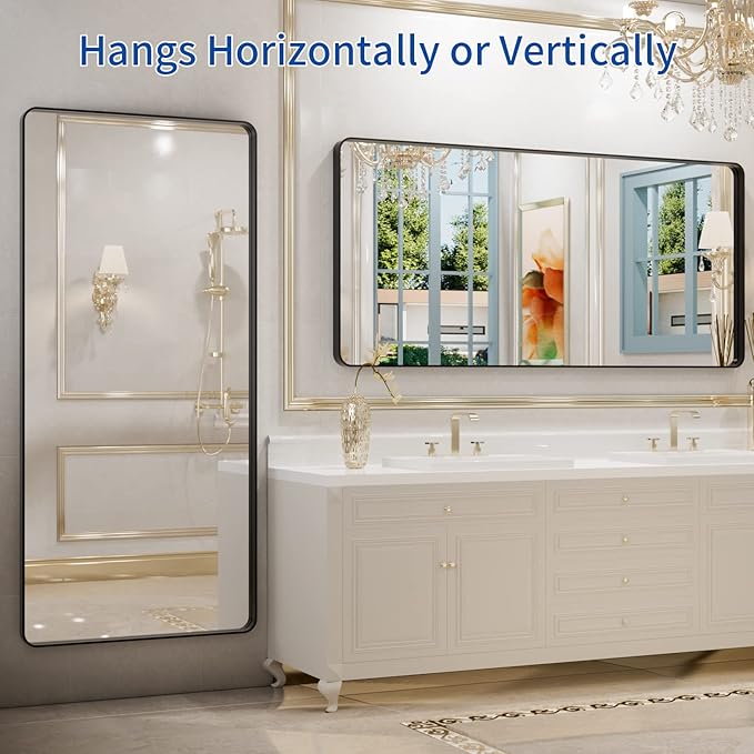 WEER Black Metal Framed Mirror, 60X28 Inch Rectangular Matte Black Wall Mirror for Bathroom, Rounded Corner Black Bathroom Vanity Mirror, Tempered Glass, Anti-Rust, Hangs Horizontal or Vertical