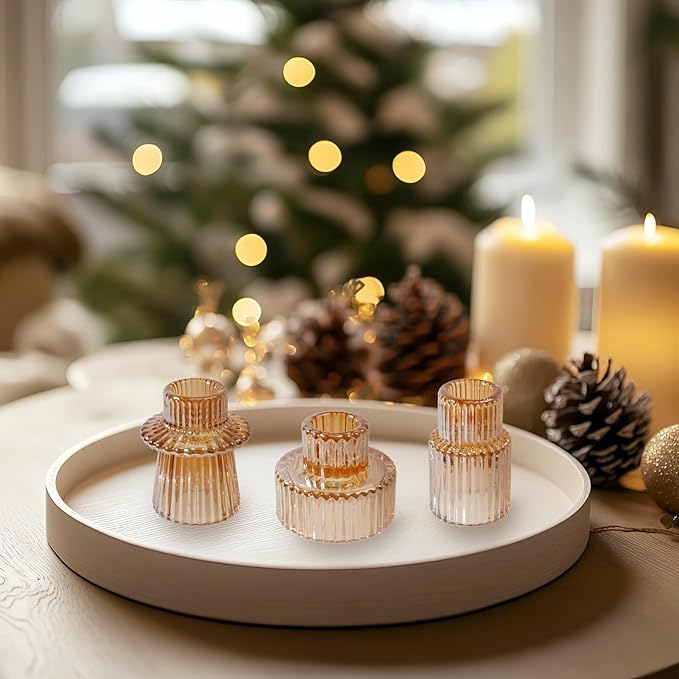 Double Sided Vintage Ribbed Taper Glass Candle Holders,Tea Candle Holder for Table Centerpieces, Wedding Decorations and Dinner Parties (Gold, 6PCS)