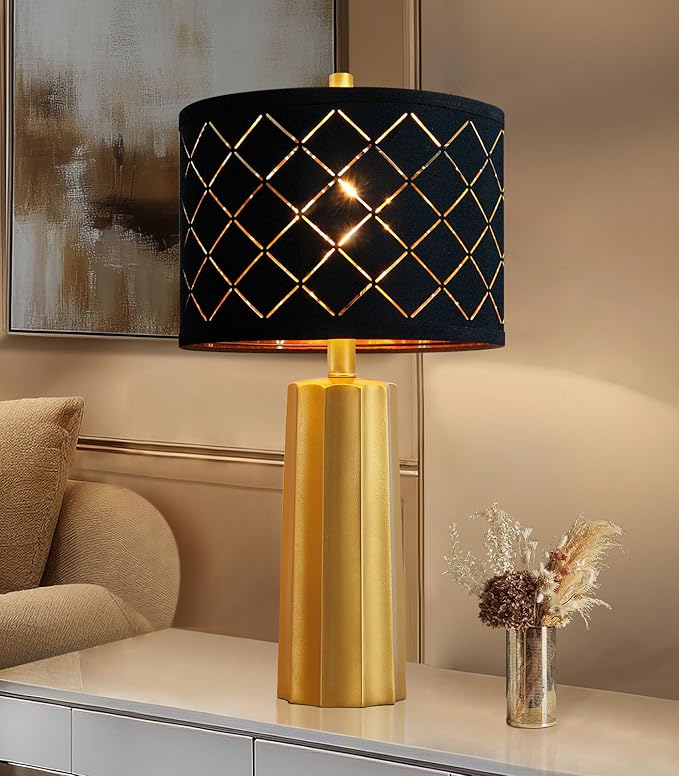 RORIANO 24" Modern Table Lamp for Living Room Bedroom, Gold Nightstand Resin Lamp with Black Grid Shade