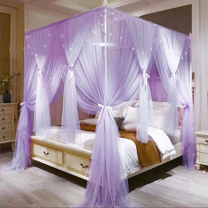 VETHIN 4 Corners Post Princess Bed Canopy Curtain Double Layer Cozy Drape Netting 4 Opening Mosquito Net for Girls & Adults Bedroom Decoration Accessories (Double Purple, 78" W*86" L*82"*H/King)
