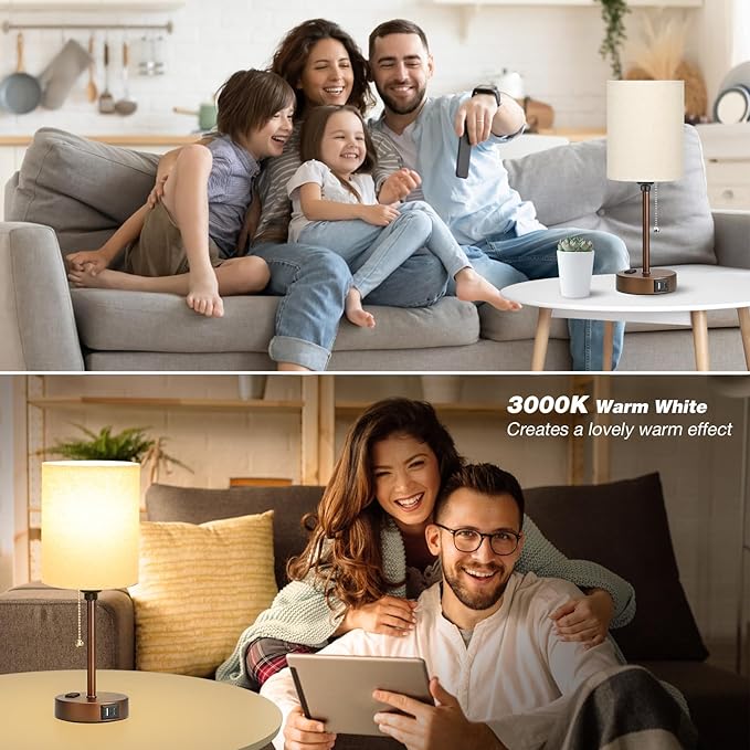 Dicoool Small Bedside Table lamp for Bedroom - 3 Color Temperatures Brown Bedside Lamps with USB C and A Ports, Pull Chain Table Lamps with AC Outlet, Black Nightstand Lamps for Kids Reading Study