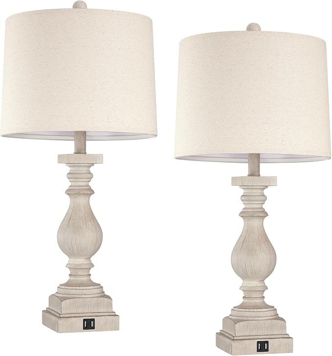 Rustic Dimmable Table Lamps Set of 2 with USB Charging Ports,26.5”Resin Beside Lamps for Living Room,Vintage Farmhouse Nightstand Lamps Traditional French Country Table Lamps for Bedroom