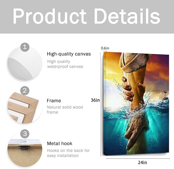 Framed Jesus Christ Canvas Wall Art The Hand of God Jesus Reaching Into Water Christian Painting Prints Biblical Wall Decor Religious Room Decor for Church Prayer Room Schools Hospitals 24'' x 36''