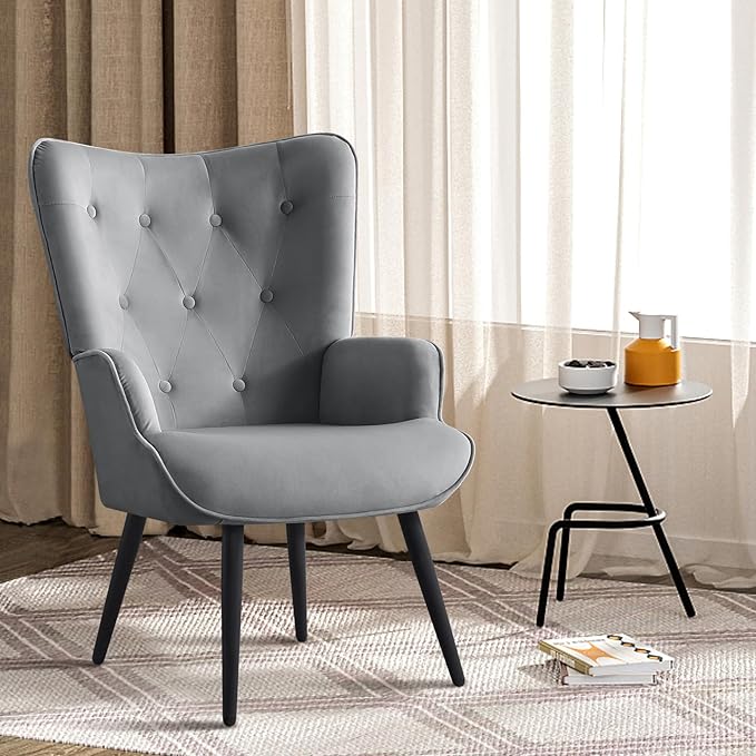 Furnimart Grey Velvet Accent Chair Mid Century Modern Living Room Chairs; Comfy Armchair Leisure Vanity Guest Wingback Chair for Office Study Vanity Bedroom Waiting Room