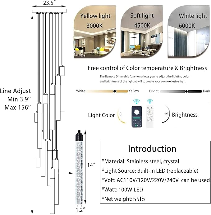 20-Lights Chandelier LED Dimmable Chandeliers for Entryway Flush Mount Ceiling Pendant Light Fixture Crystal Chandeliers for Living Room Black Finished Lighting Modern 156in High Ceiling Chandelier