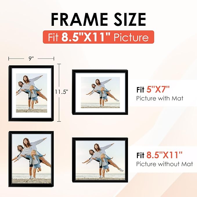 FIXSMITH 8.5x11 Picture Frame Set of 6, Black Photo Frame with HD Plexiglass, Display Pictures 5x7 with Mat or 8.5x11 Without Mat, Multi Picture Frames Collage for Wall Decor