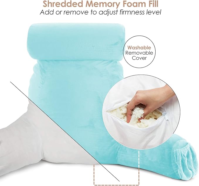 Nestl Reading Pillow Large Bed Pillow, Back Pillow for Sitting in Bed Shredded Memory Foam Chair Pillow, Reading & Bed Rest Pillows Light Blue Back Pillow for Bed, Bed Chair Arm Pillow with Pockets