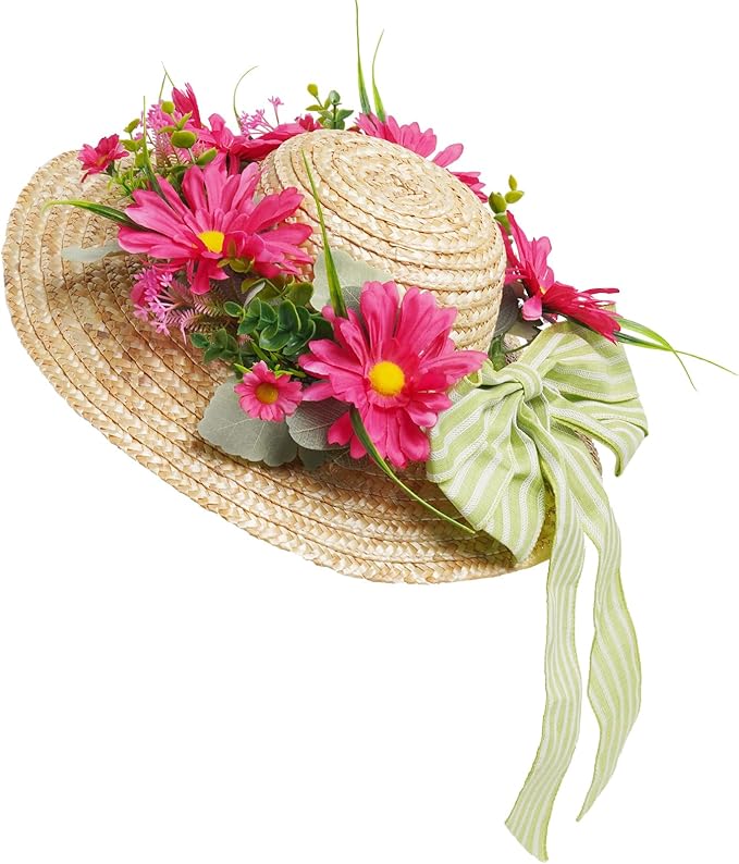 Dilicoming Spring Wreaths for Front Door - 16 Inch Spring Summer Hat Wreath with Artificial Flower, Gift for Women, Indoor Outdoor Wreaths for Wall, Window, Farmhouse, Party, Holiday Home Décor