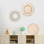 LOCS MICRAI Boho Wall Basket Decor Set of 3 - Flat Woven Basket Wall Hanging Decor,Round Tassels White Macrame Tapestry Wall Decor Art,Handmade Rattan Wicker Seagrass Home Wall Baskets Decor