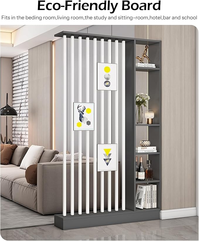Wall Room Divider, Storage Cabinet Storage Display with Shelves, Modern Freestanding Wood Room Divider Screen, Wall Privacy Screens for Home Decorative (Grey+White,31.5" L x 9.5" W x 79.5" H)
