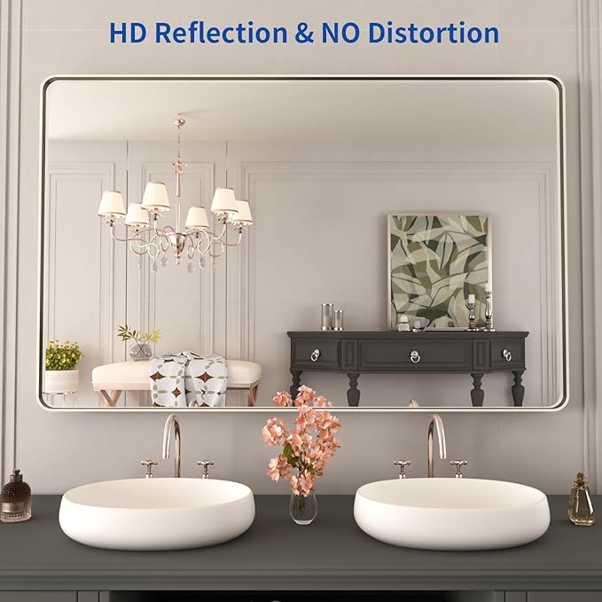 WEER 48X30 Inch Brushed Nickel Bathroom Mirror, Brushed Silver Metal Frame Mirror, Rounded Rectangle Silver Bathroom Vanity Mirror, Tempered Glass, Anti-Rust, Hangs Horizontally or Vertically