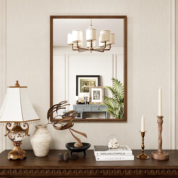 Bathroom Vanity Mirror 24x36 Inch, Walnut Rectangle Bathroom Mirror, Anti-Rust, 4MM Tempered Glass, Wall-Mounted Mirror, Hangs Horizontally or Vertically for Bathroom & Bedroom