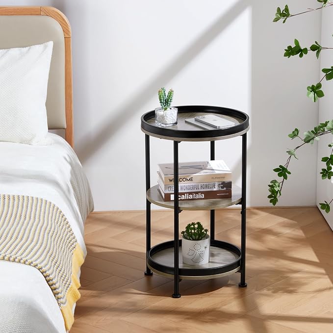Dulcii Side Table, Round End Table with 3 Storage Shelves for Living Room, Bedroom, Nightstand with Steel Frame for Small Spaces, Industrial Round Sofa Table, Outdoor Accent Coffee Table, Oak