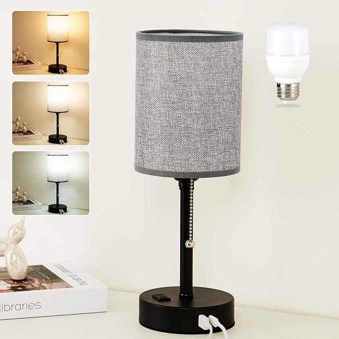 Small Bedside Table Lamp for Nightstand with USB & Outlet, 3 Color, Matte Black, Gray Lampshade (LED Bulb Included)