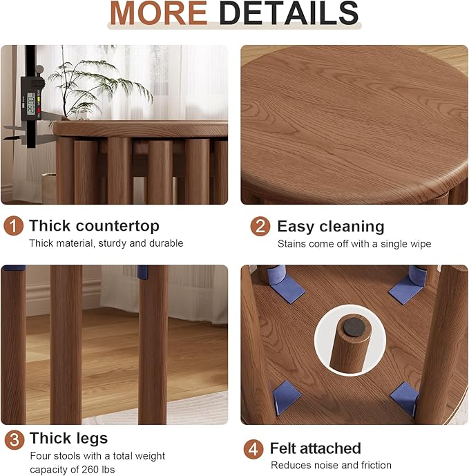 Stackable Stools Set of 4,4-in-1 Wood Stool,Round Wooden Stools with Anti-Slip Foot Pads for Kitchen,Bedroom,Living Room,Bar,No Assembly Required Durable and Space-Saving Design,18 inch (Walnut)