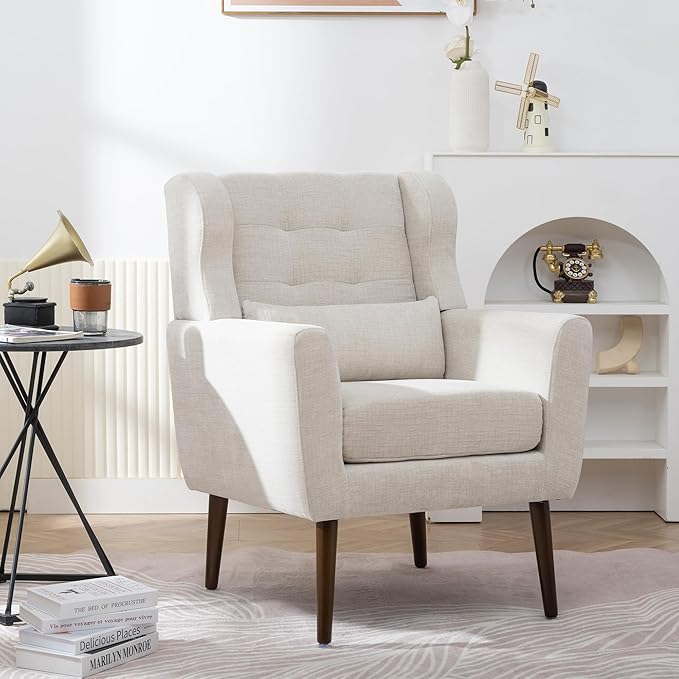 Accent Chair, Comfy Upholstered Living Room Chairs with High Tufted Backrest and Pillow, Wingback Reading Chair with Solid Wood Legs for Bedroom/Office, Chenille Fabric, Beige