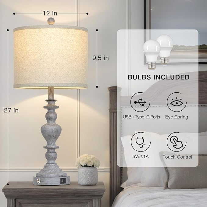27" Tall Table Lamps for Living Room, 3-Way Dimmable Touch Control Farmhouse Vintage Table Lamps Set of 2 with USB C+A Ports and AC Outlets, Rustic Bedside Nightstand Lamp for Bedrooms Office Grey