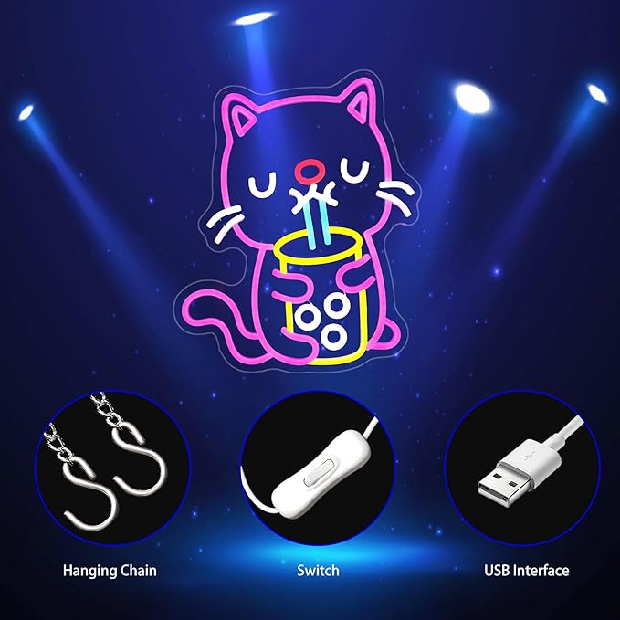 Cat Boba Tea Neon Sign, Neon Signs for Wall Decor Neon LED Signs Room Neon Light Up Signs Home Decor for Bedroom Club Party Bar Shop USB Operated